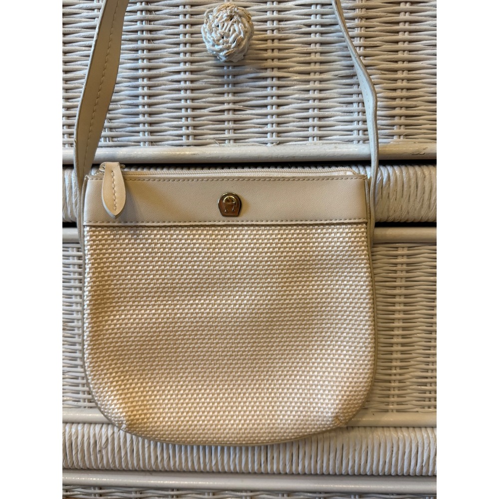 Etienne Aigner Cream Woven Crossbody Bag Gold Logo 9702 Small Shoulder Purse